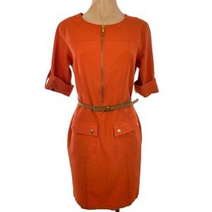 Sharagano Orange Belted Dress Size 6 Short Sleeves Exposed Zipper at Bodice